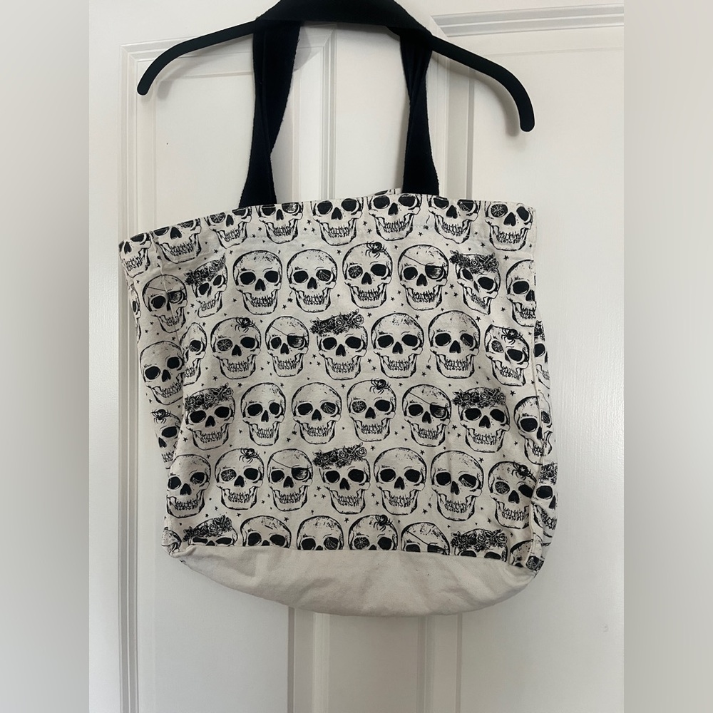 Skull Print Canvas Tote Bag with Black Handles